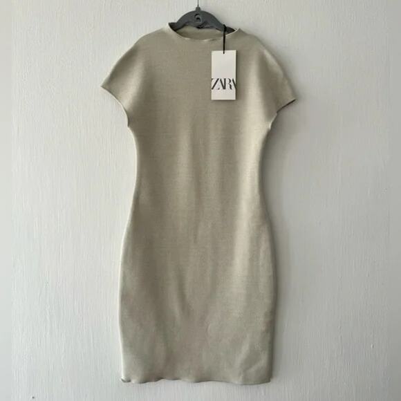 NWT Zara Taupe Tan Knit Short Sleeve Bodycon Dress - Small - Picture 9 of 9